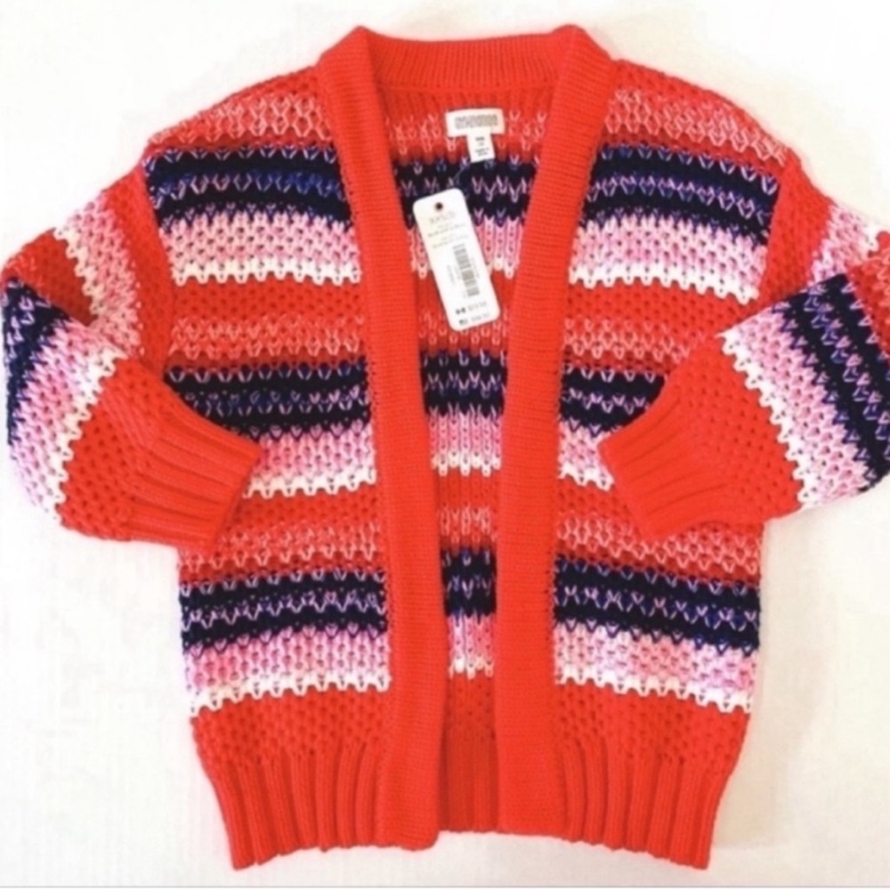 Gymboree Girls Striped Open Knit Cardigan Sweater Orange Pink Navy Open Front 3T